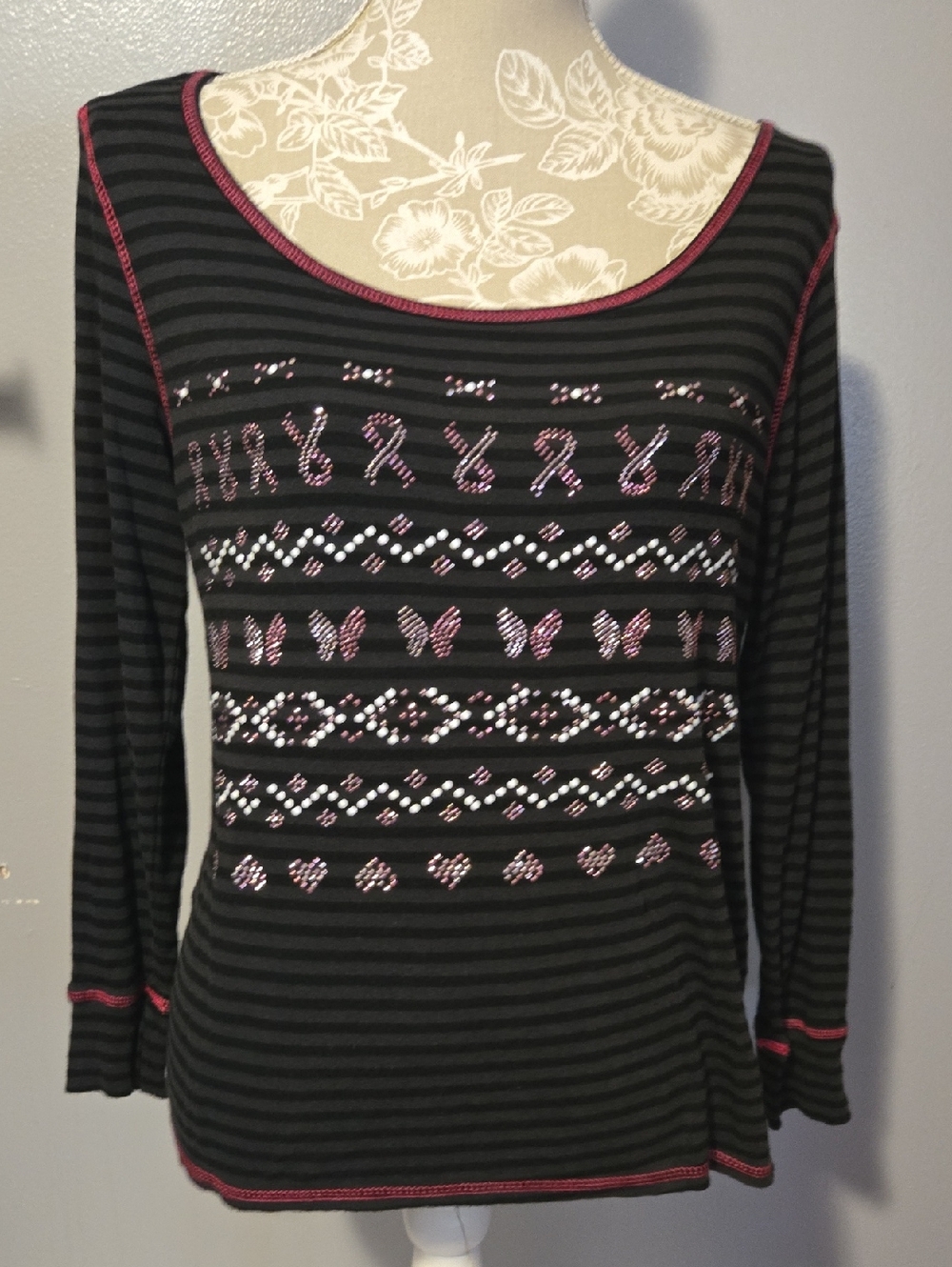 Style & Co. Black and Pink Striped Long-Sleeve Top with Embellished Motifs.